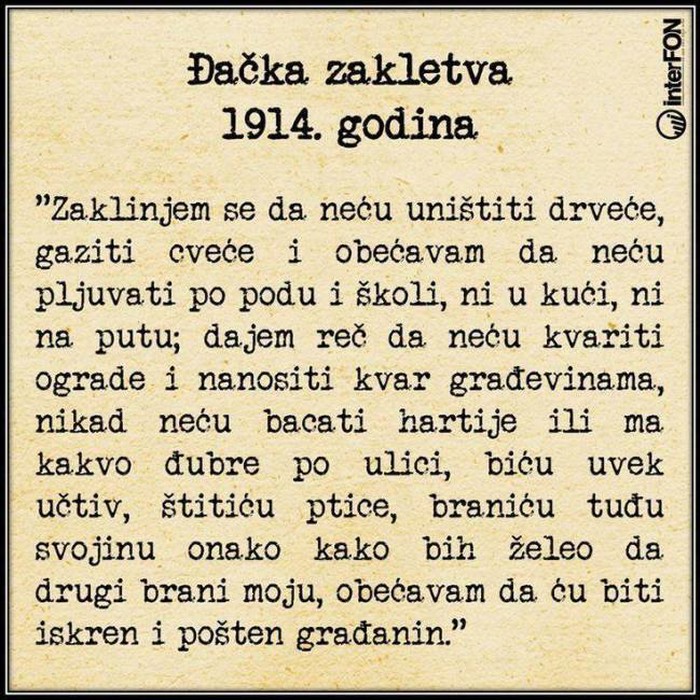 Ovako izgleda đačka zakletva iz 1914.