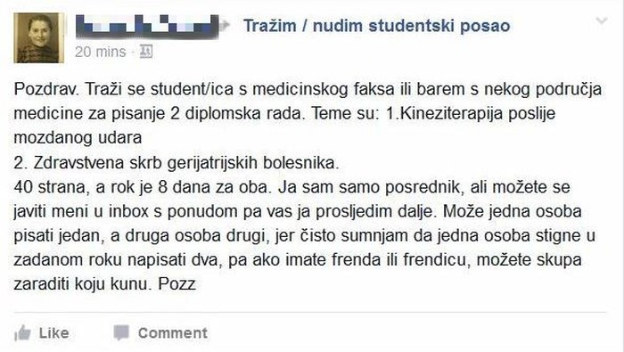 SRAMOTA DO BOLA: Oglasom nude zaradu za lažiranje diplomskih!