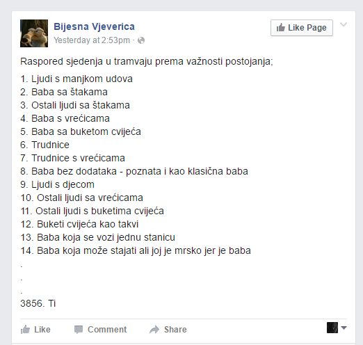 Raspored sjedenja u tramvaju po važnosti postojanja