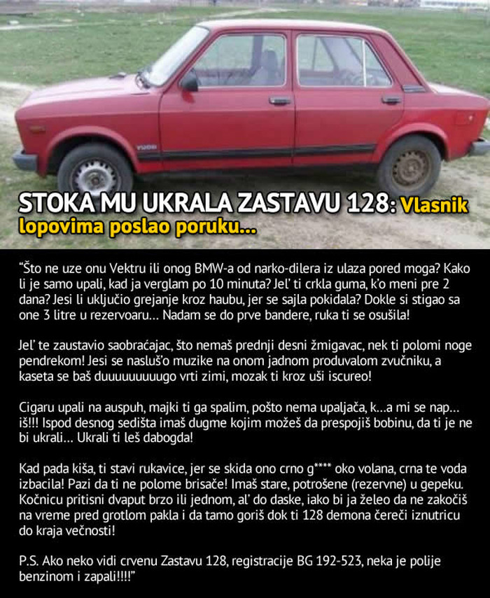 Đubrad mu ukrala Zastavu 128: Evo kletve vlasnika