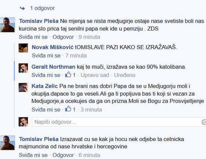 Papa Franjo je četnička majmunčina, kaže ustaški katoliban