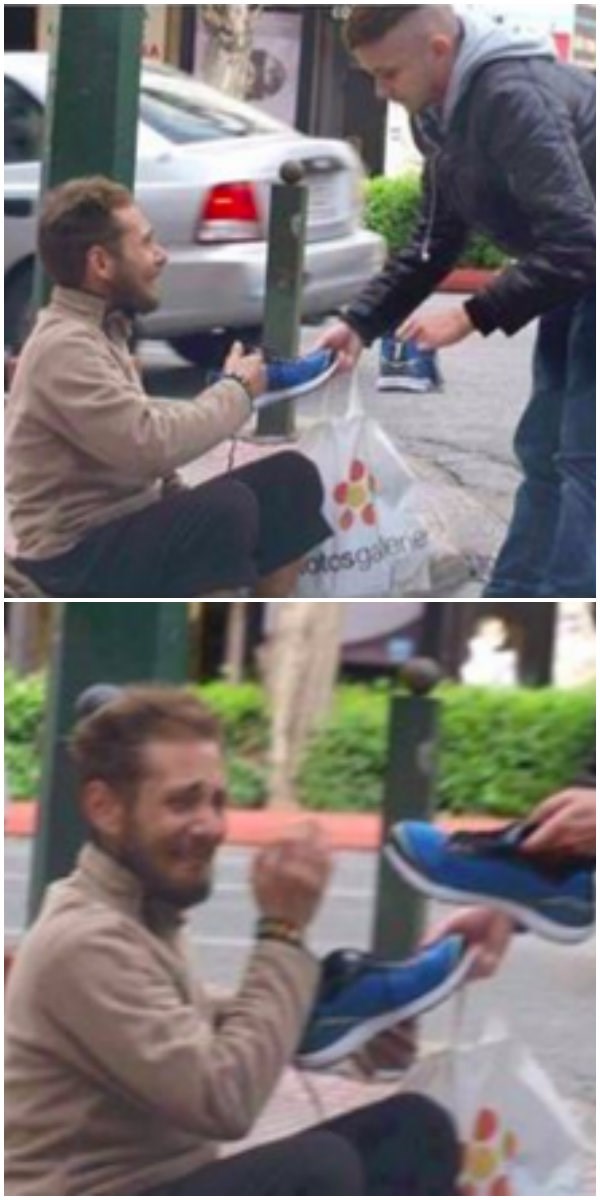 SLIKA DANA: Suze beskućnika u trenutku kada na dar dobija par novih patika.