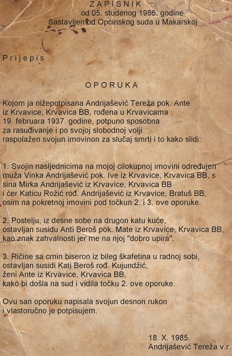 Krevet oporukom ostavlja susjedu jer ju je "dobro upira"