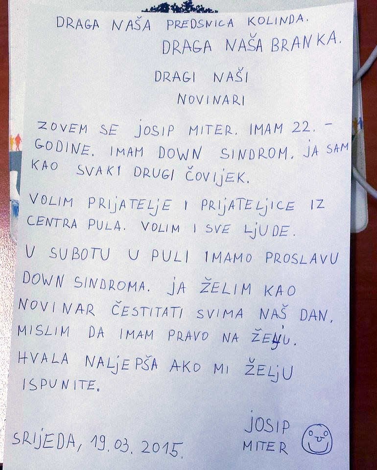 Josipova želja: Dirljivo pismo mladića povodom Dana sindroma Down