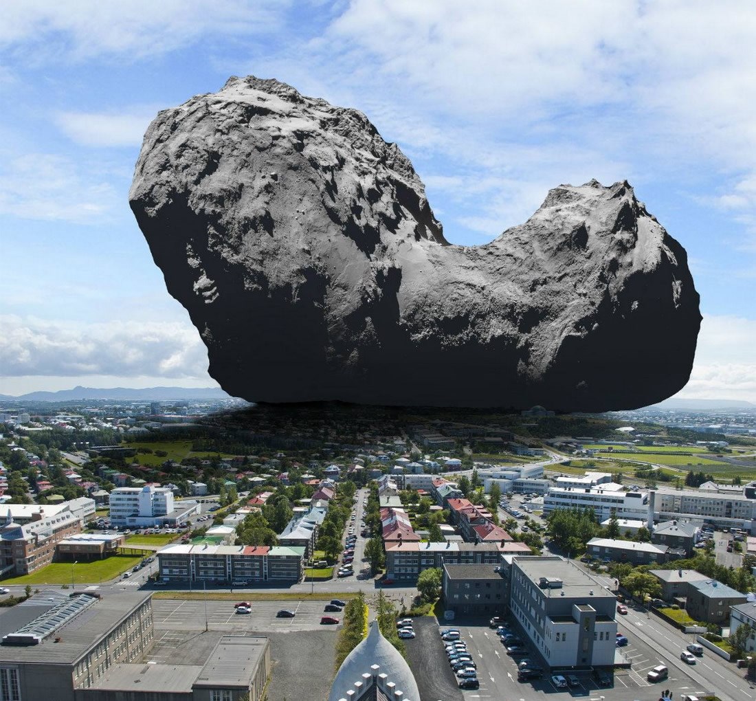 Rosettin komet u usporedbi s gradićem