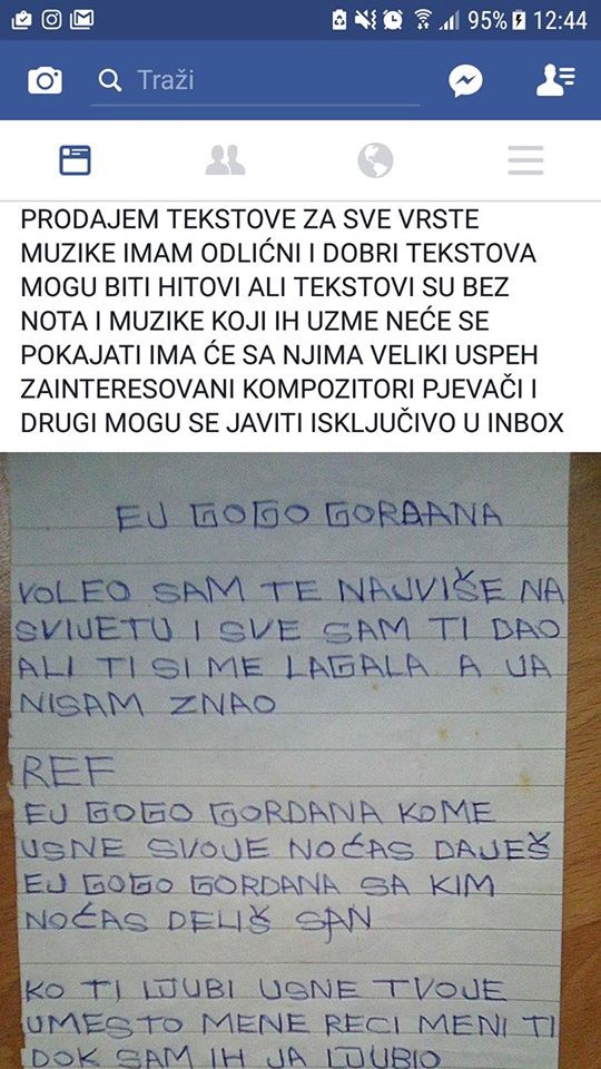 Na Facebooku prodaje svoje turbofolk "hitove": O ovakvom tekstopiscu pjevači mogu samo sanjati!