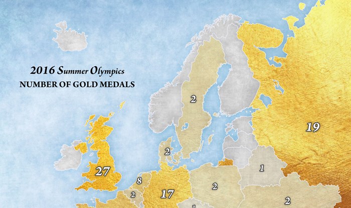 Karta Europe prema broj osvojenih zlatnih medalja u Riju 2016