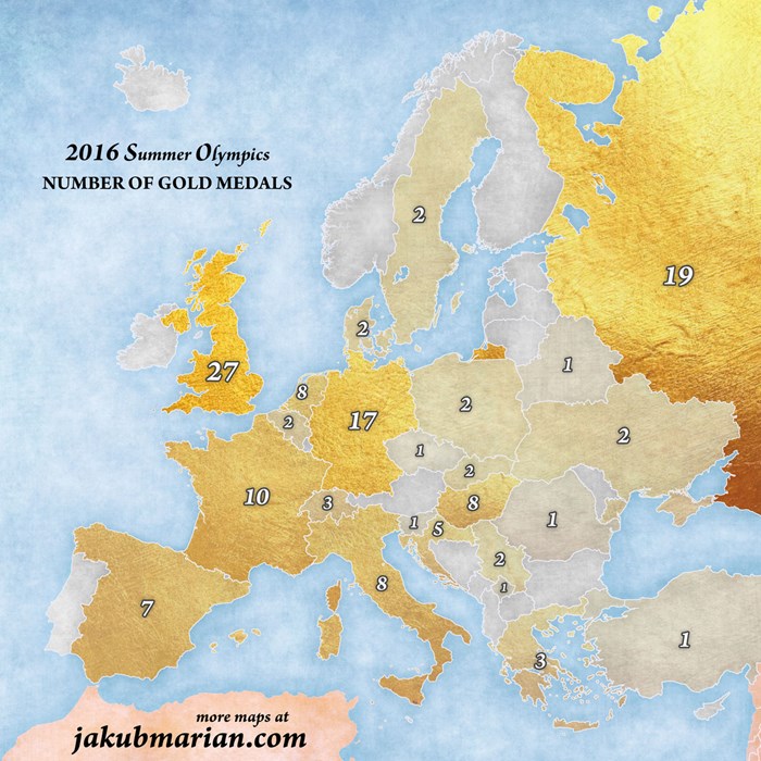 Karta Europe prema broj osvojenih zlatnih medalja u Riju 2016