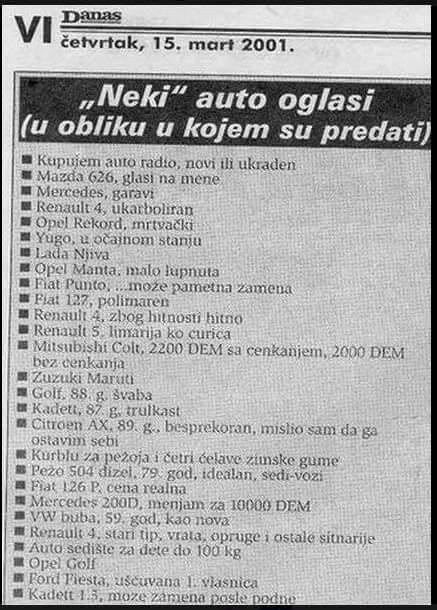 Najsmješniji naslovi auto oglasa objavljenih u dnevnim novinama