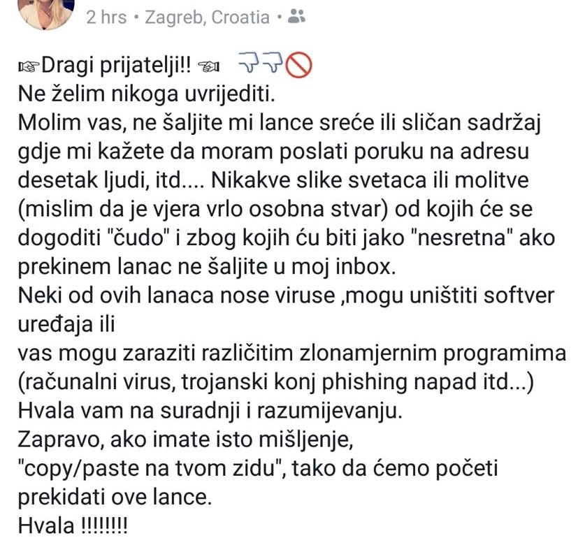 Djevojka na Facebooku pokrenula lančanu poruku kako bi prekinula širenje dosadnih lančanih poruka