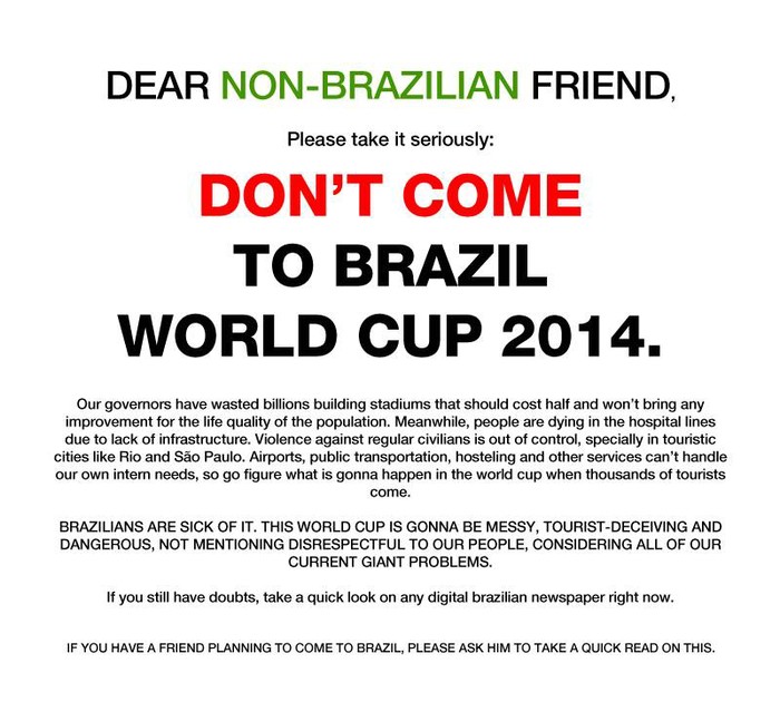 Brazilci upozoravaju: Ne idite na Svjetsko prvenstvo 2014.!