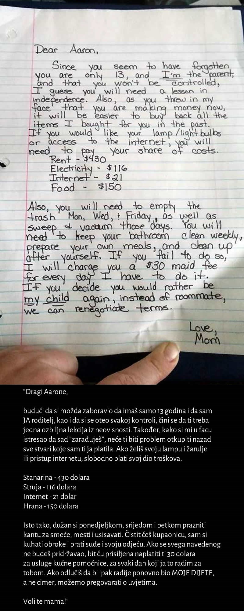 Mami dojadilo divljanje bezobraznog klinca, pa mu napisala ovo pismo!