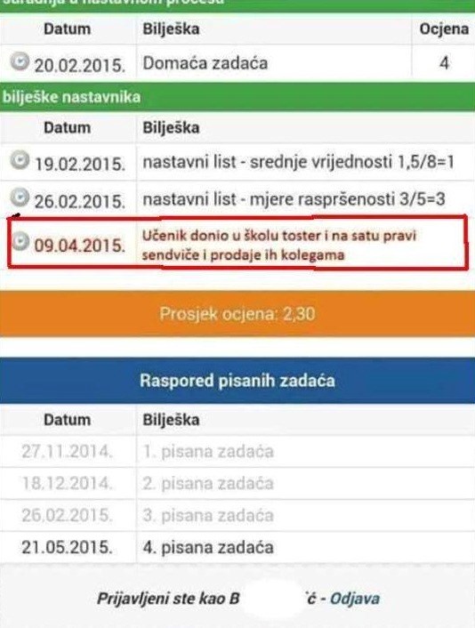 ČUDNA BILJEŠKA U E-DNEVNIKU Nećete vjerovati što je ovaj učenik donio u školu!