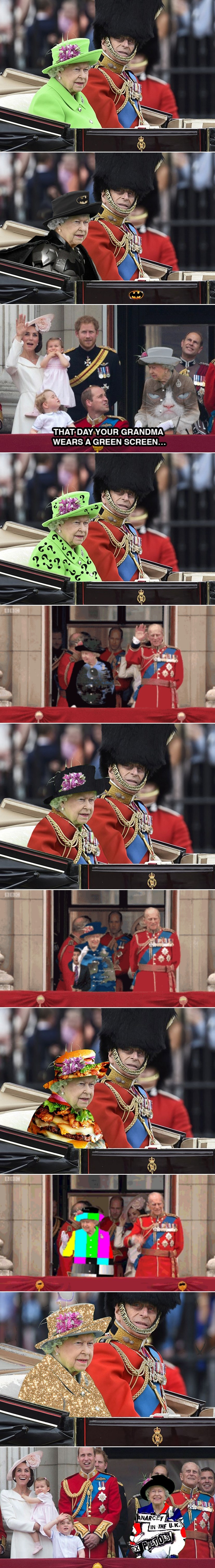 PHOTOSHOP LUDILO: Britansku kraljicu obukli u Batmana, hamburger, Enigmu..