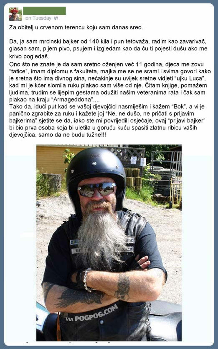 "Prljavi bajker" napisao dirljivu poruku zadrtoj obitelji
