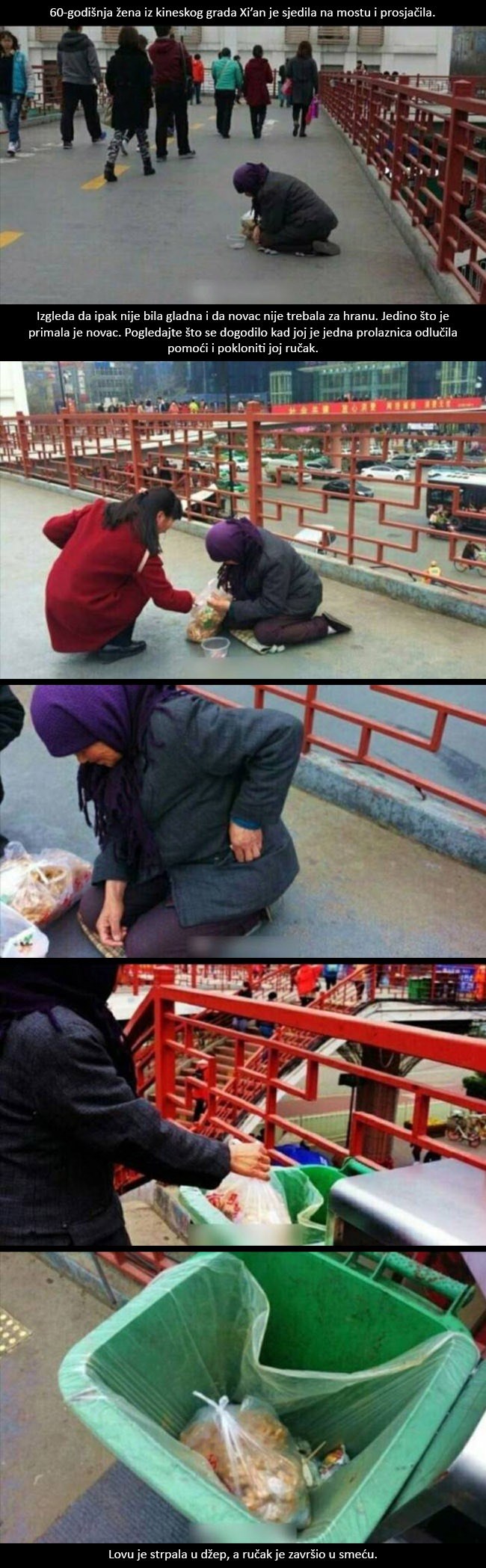 Kineska prosjakinja šokirala svijet: Pogledajte što je uradila kad joj je žena donijela ručak!