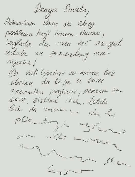 Savjetnici je poslala pismo i tražila pomoć, primijetila je da nešto nije u redu s njenim mužom...