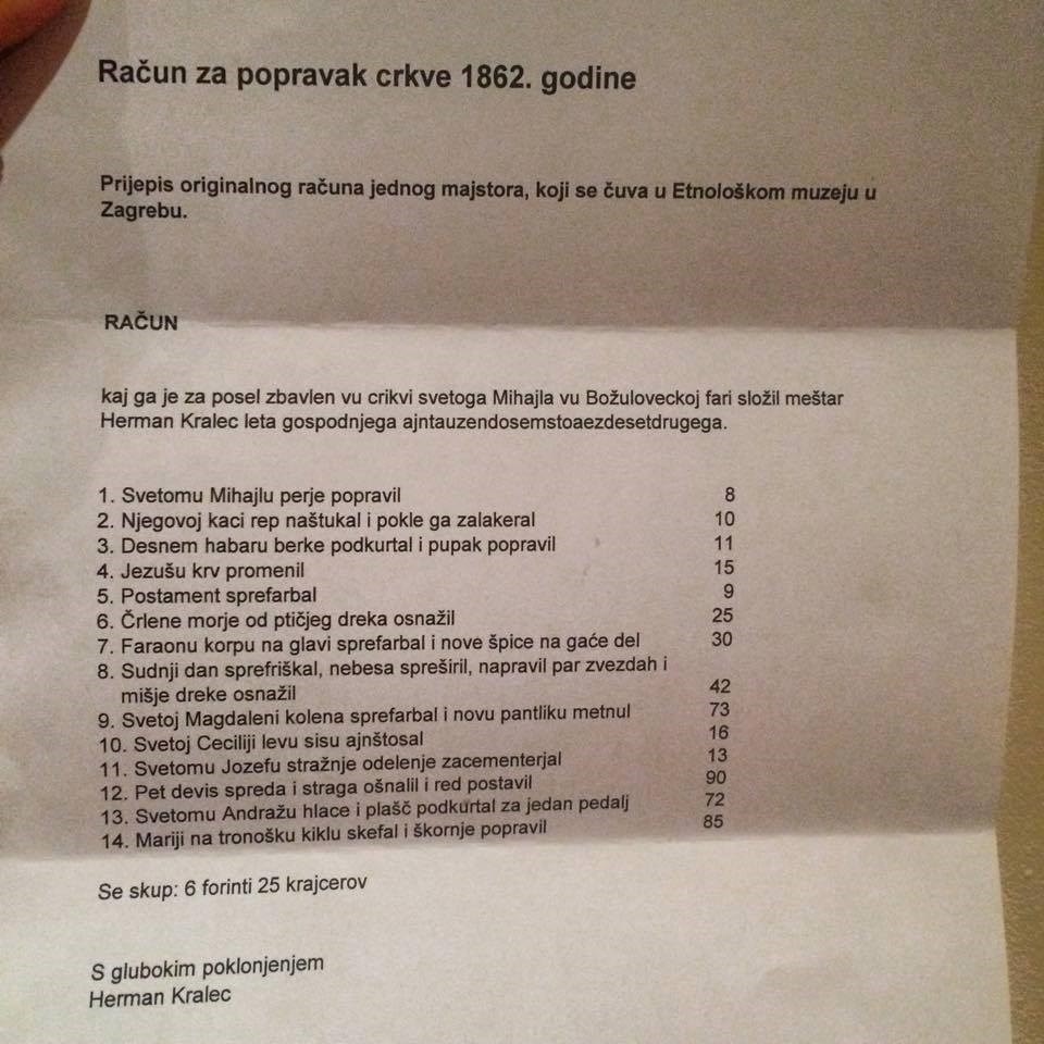 Račun za popravak crkve iz 1862. godine