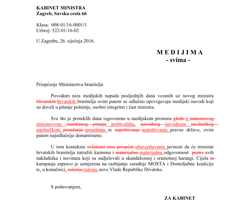 Nepismeno priopćenje Ministarstva branitelja