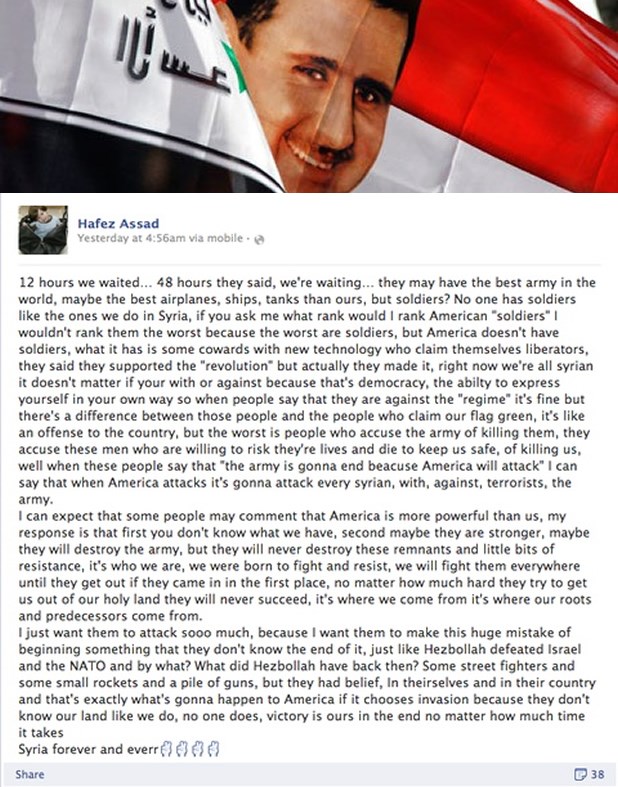 Assadov sin glumi facu po Fejsu: Ajde, Ameriko, napadni!