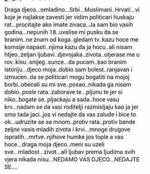 Dosta je mržnje i rata! Muškarac je na Facebooku napisao poruku koju moraju pročitati svi mladi ljudi