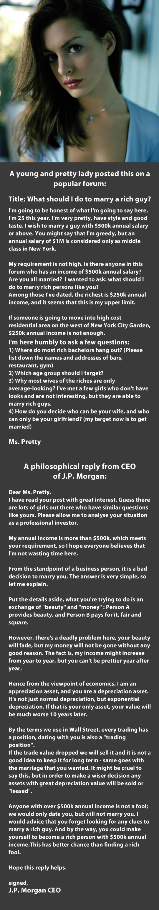 Bogataš odgovorio ženi koja se želi bogato udati