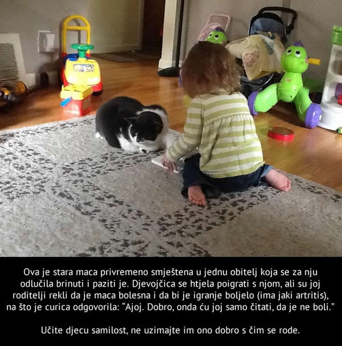 Dobra djevojčica bolesnu macu tješi čitanjem slikovnice