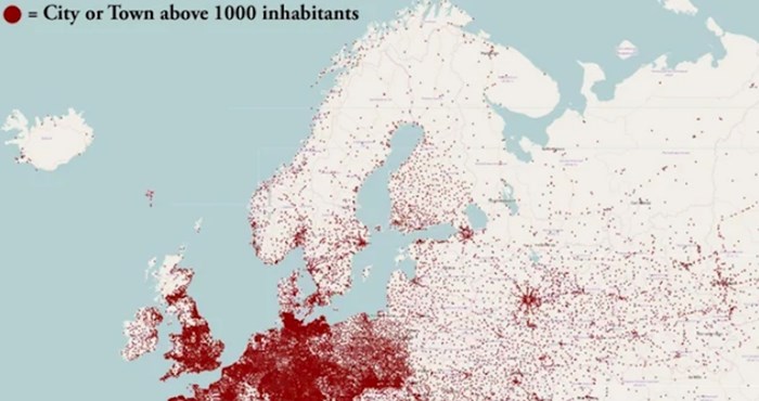 Mapa pokazuje sva mjesta u Europi s više od tisuću stanovnika, pogledajte Hrvatsku