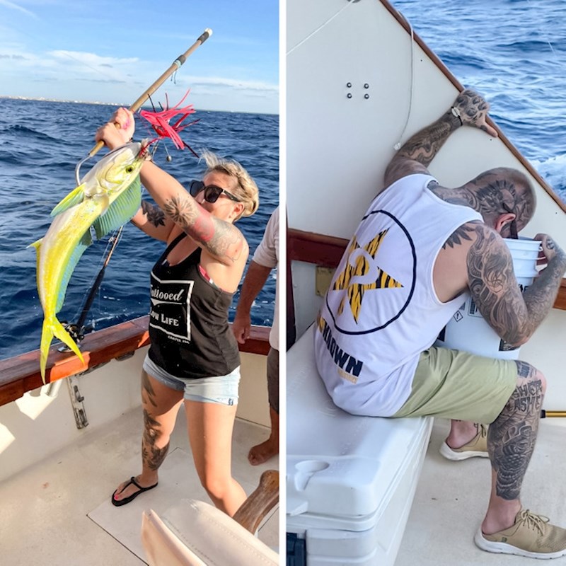 Ovo smo moj suprug i ja u ribolovu, ja sam uhvatila mahi mahi, a on je uhvatio morsku bolest