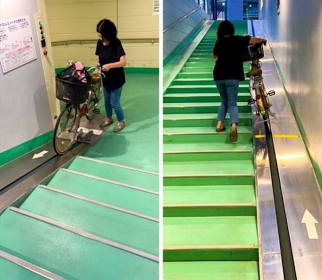 Neke stepenice u Japanu imaju poseban dio pomoću kojeg možete lakše gurati bicikl.
