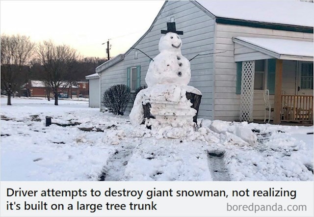 Netko je imao namjeru autom srušiti ovog snjegovića, ali nije primjetio da se nalazi na velikom deblu