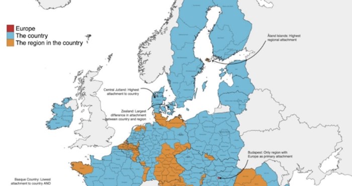 Mapa prikazuje osjećaju li stanovnici veću pripadnost svojoj naciji ili regiji u kojoj žive