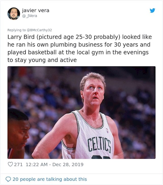 Lary Bird ovdje ima maksimalno 30 godina, a izgleda kao da je imao svoju građevinsku firmu 30 godina i igra košarku kako bi zadržao vitalnost