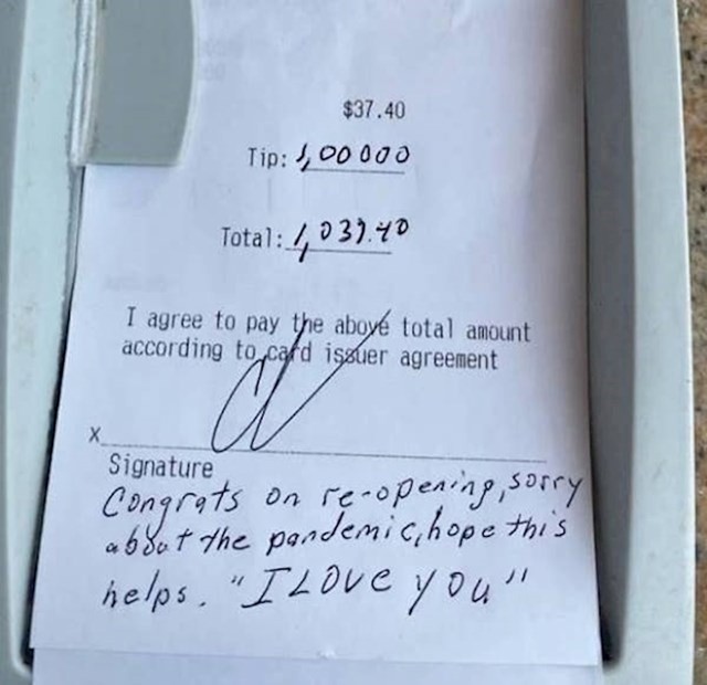 Prva mušterija nakon ponovnog otvaranja restorana ostavila je napojnicu od tisuću dolara