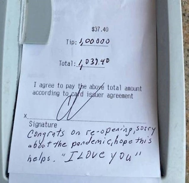 Prva mušterija nakon ponovnog otvaranja restorana ostavila je napojnicu od tisuću dolara