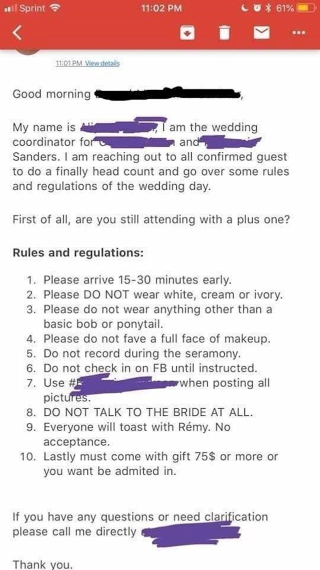 Pravila vjenčanja: ne nosite šminku, ne pričajte s mladom, donesite dar od 75 dolara...