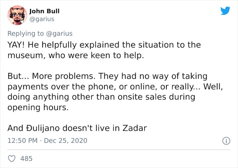 Đulijano je uspio dobiti Muzej, ali on ne živi u Zadru, a Muzej prima samo uplate u gotovini