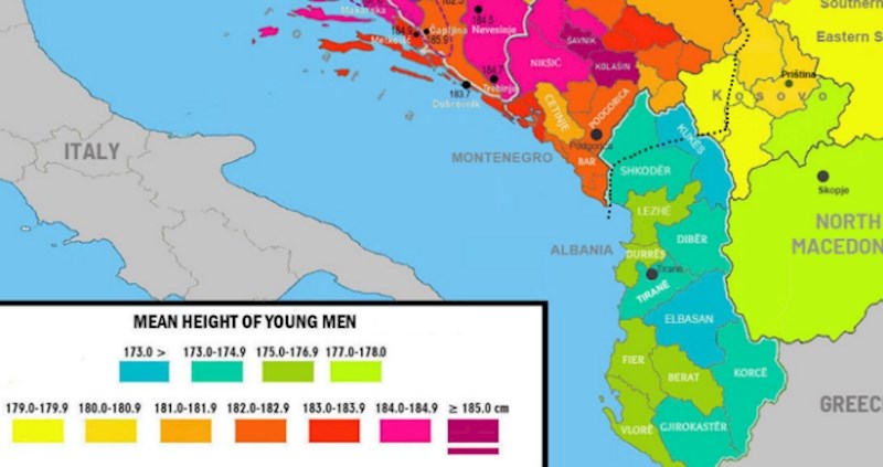 Mapa pokazuje prosječnu visinu muškaraca u raznim regijama Hrvatske i BiH, jako je zanimljiva