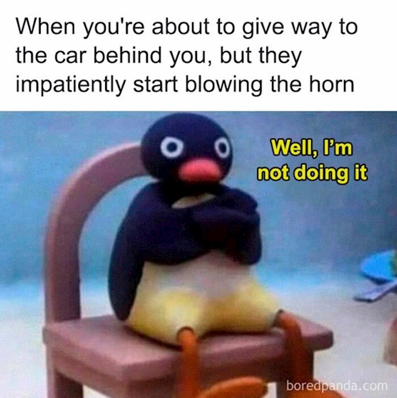 Ja kad planiram propustiti auto iz druge trake, ali onda počne trubiti: E, sad ne može!