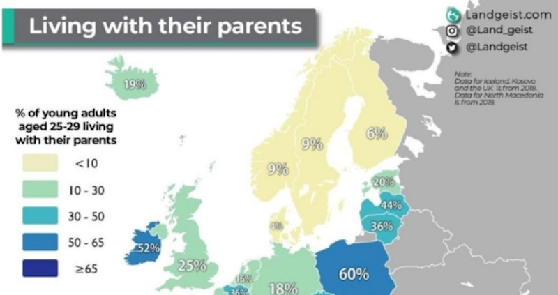 Mapa prikazuje postotak mladih koji žive s roditeljima, moglo bi vas iznenaditi gdje je Hrvatska