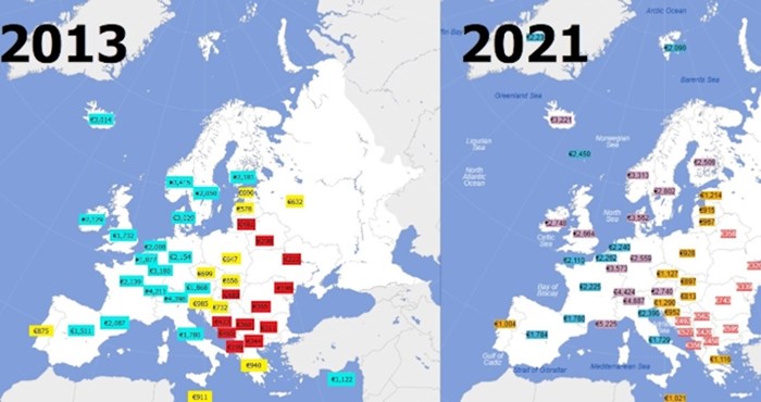 Mapa prikazuje razliku u plaćama između 2013. i 2021. godine. Pogledajte kako stoji Hrvatska