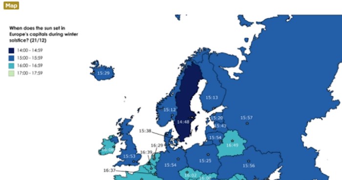 Mapa prikazuje vrijeme kad pada mrak u raznim europskim državama, razlike su ogromne