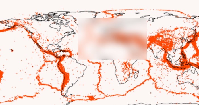 Mapa pokazuje lokacije svih potresa većih od 5 stupnjeva ikad. Zanimljiva je pozicija Hrvatske