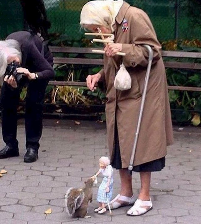Ova starica koristi svog lutka na koncu da hrani vjeverice u parku