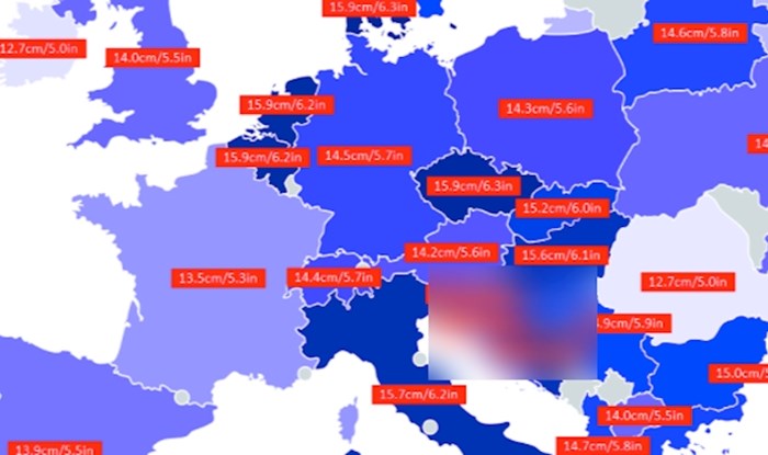 Ova mapa pokazuje prosječnu veličinu penisa u Europi, naši susjedi se imaju čime pohvaliti