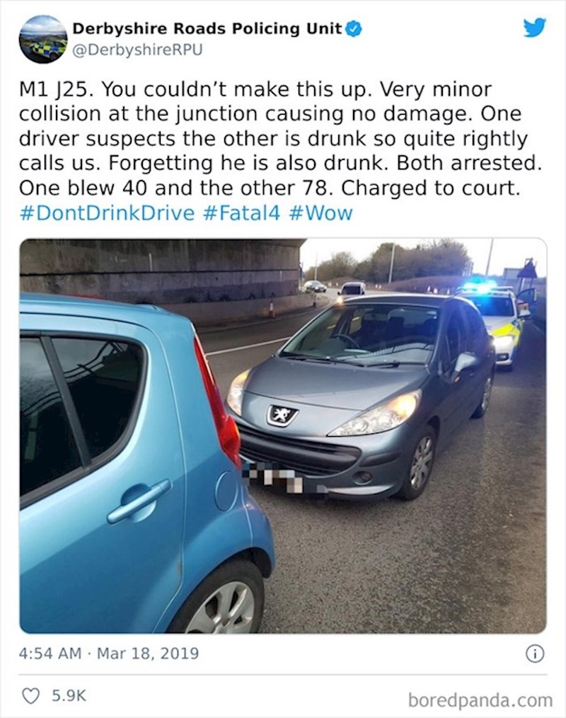 Zvao je policiju zbog manje nesreće jer je tip koji ga je udario pijan. Zaboravio da je i sam pijan