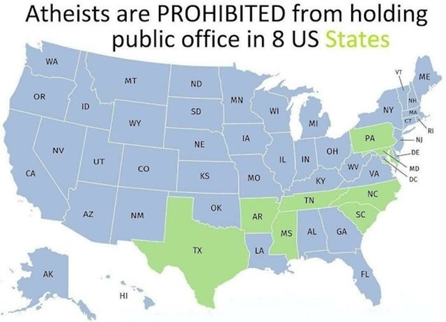 Savezne države u SAD-u gdje ateist ne može biti na čelu