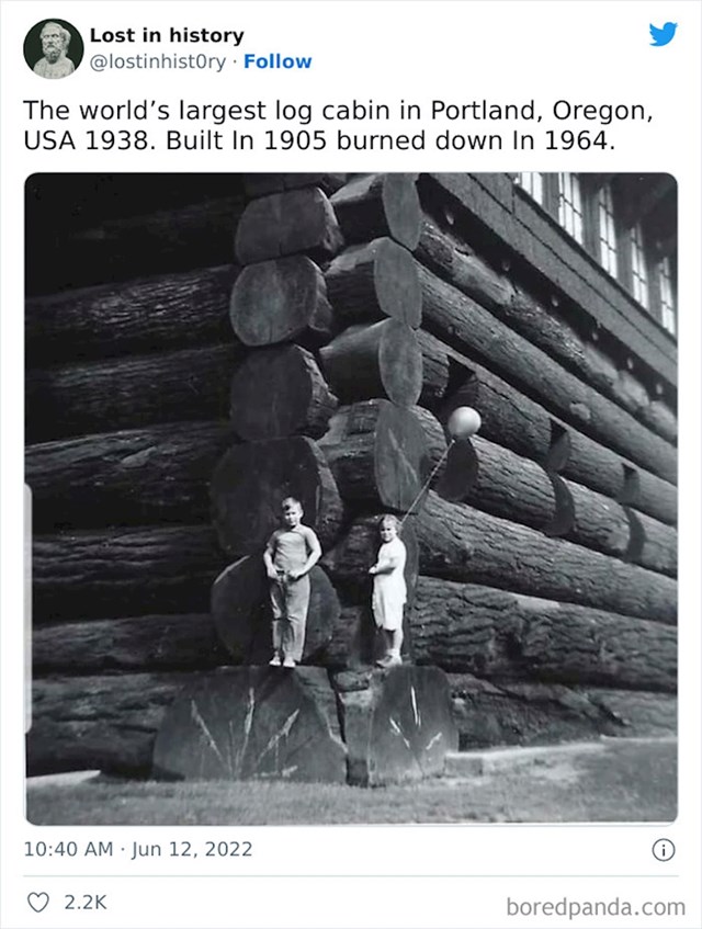 Najveća koliba na svijetu, Portland (Oregon). Izgrađena 1905., izgorjela 1964,