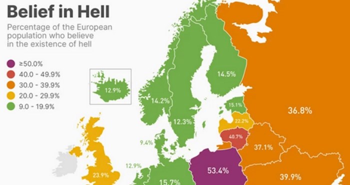 Mapa pokazuje postotke ljudi koji vjeruju da postoji pakao, podaci za Hrvatsku su zanimljivi