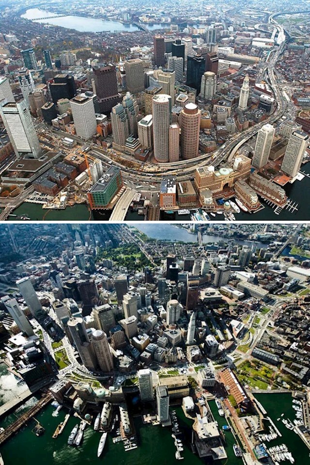 Boston 1990. i Boston 2010. s cestom koja je ukopana u zemlju